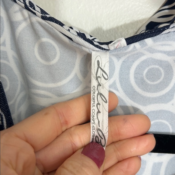 Lulu-B Blue & White Circle Pattern Ruffle Neckline Dress size Medium UPF 50 - Picture 3 of 9